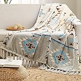CASAAGUSTO Boho Throw Blanket - Green and Beige Decorative Blankets with Tassel, Printed Flannel Bohemian Blanket for Chair, Bed, Sofa, Couch(60 * 80, Green and Beige)