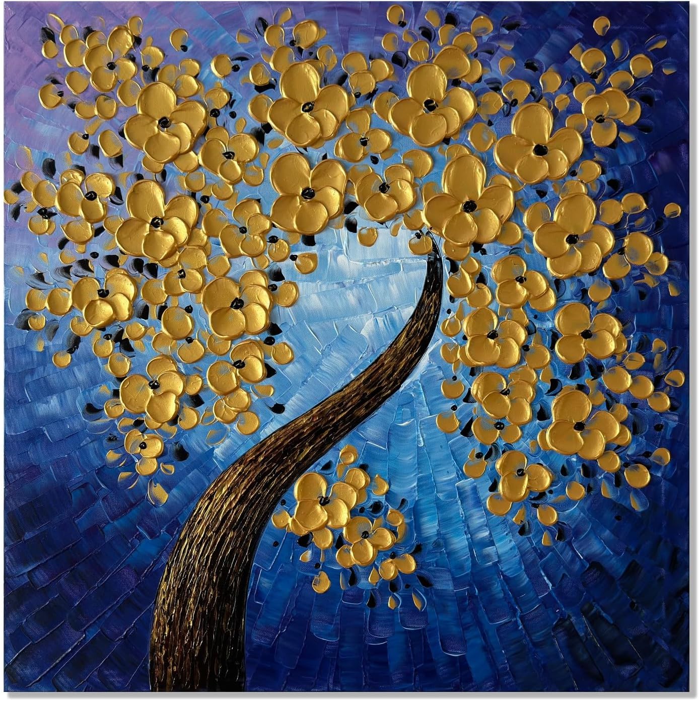 Paintings - zoinart Hand Paintings 3D Flower Canvas Wall Art 24x24 Inches Abstract Gold Floral Paintings Modern Contemporary Texture Wall Art Tree Blue Artwork for Home Decorations