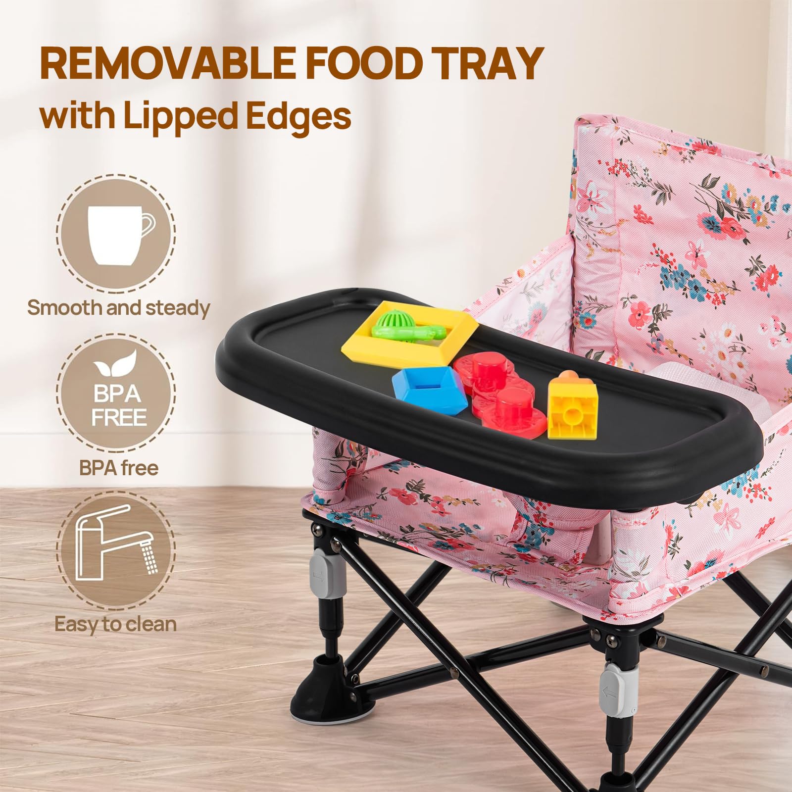 Booster Seat for Kitchen Chair with Removable Tray, Portable Foldable Baby Chair for Babies 6-36 Months, Indoor Outdoor Toddler Camping Chair (Pink Floral Design)