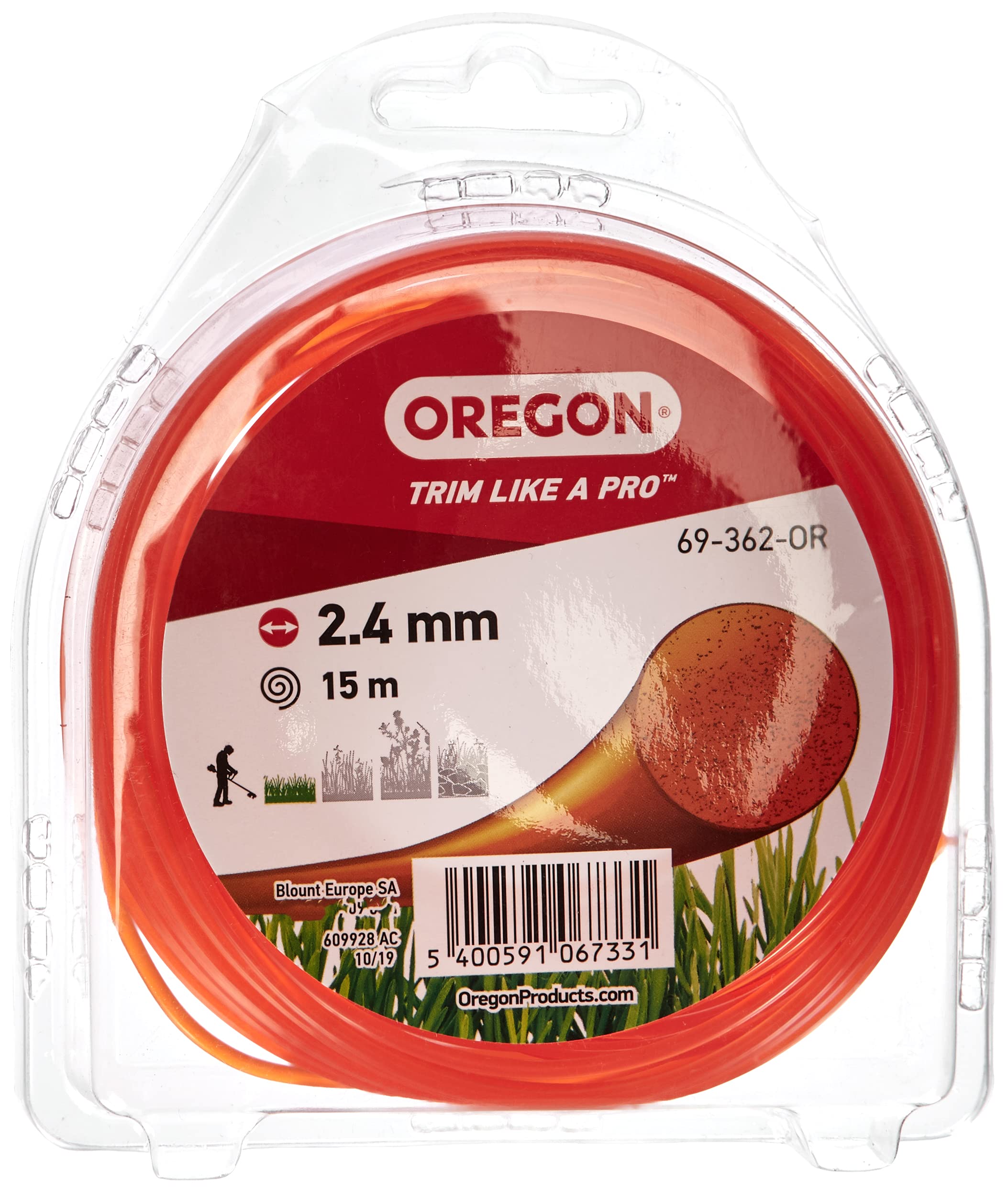 Oregon Orange Round 2.4mm Strimmer Line, Trimmer Line Tackles Grass, Weeds, Lawn Edges & Flower Beds, Gardening & Lawn Care Nylon Strimmer Wire, Fits Most Standard Models, 2.4mm x 15m (69-362-OR)