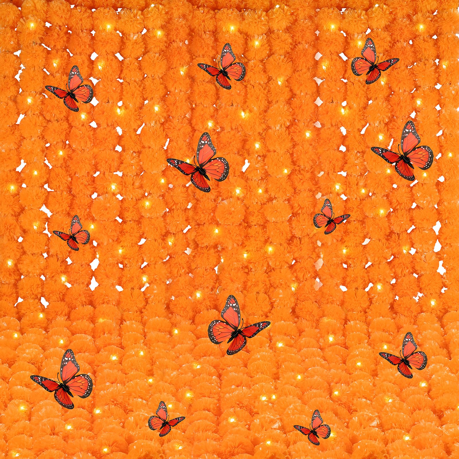 Photo 1 of 24 Pcs 5ft Halloween Marigold Garland for Decoration with LED Light and Butterfly Artificial Marigold Flowers Indian Faux Garlands for Day of The Dead Diwali Wedding Party Decoration (Light Orange)