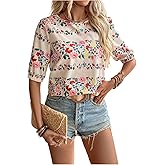 MakeMeChic Women's Floral Blouse Crew Neck Half Sleeve Summer Boho Shirt Tops
