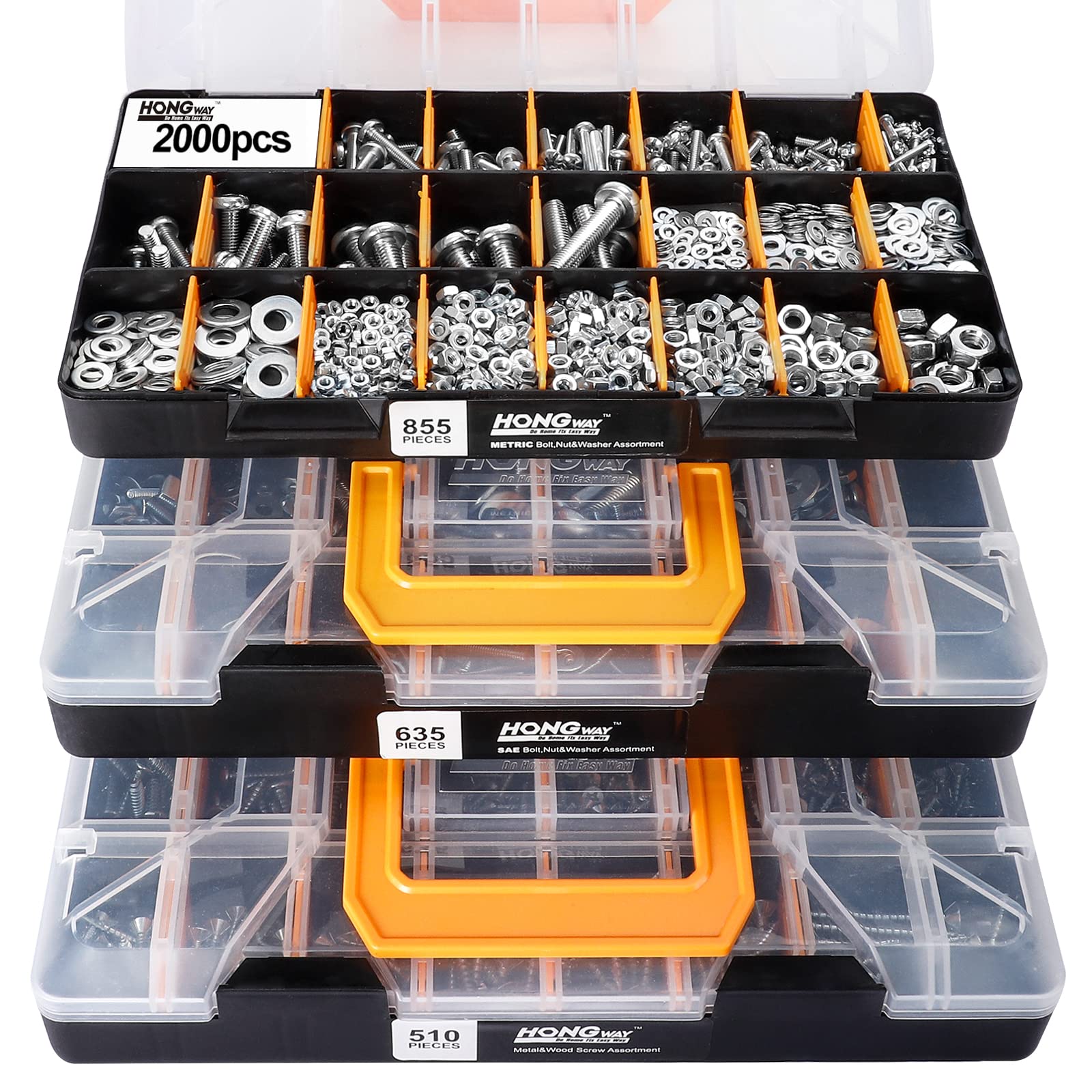 HongWay 2000pcs Hardware Assortment Kit, Nuts and Bolts Assortment Kit with 64 Sizes Bolts, Nuts & Washers Assortment and Metal & Wood Screw Organizer (3 Trays)