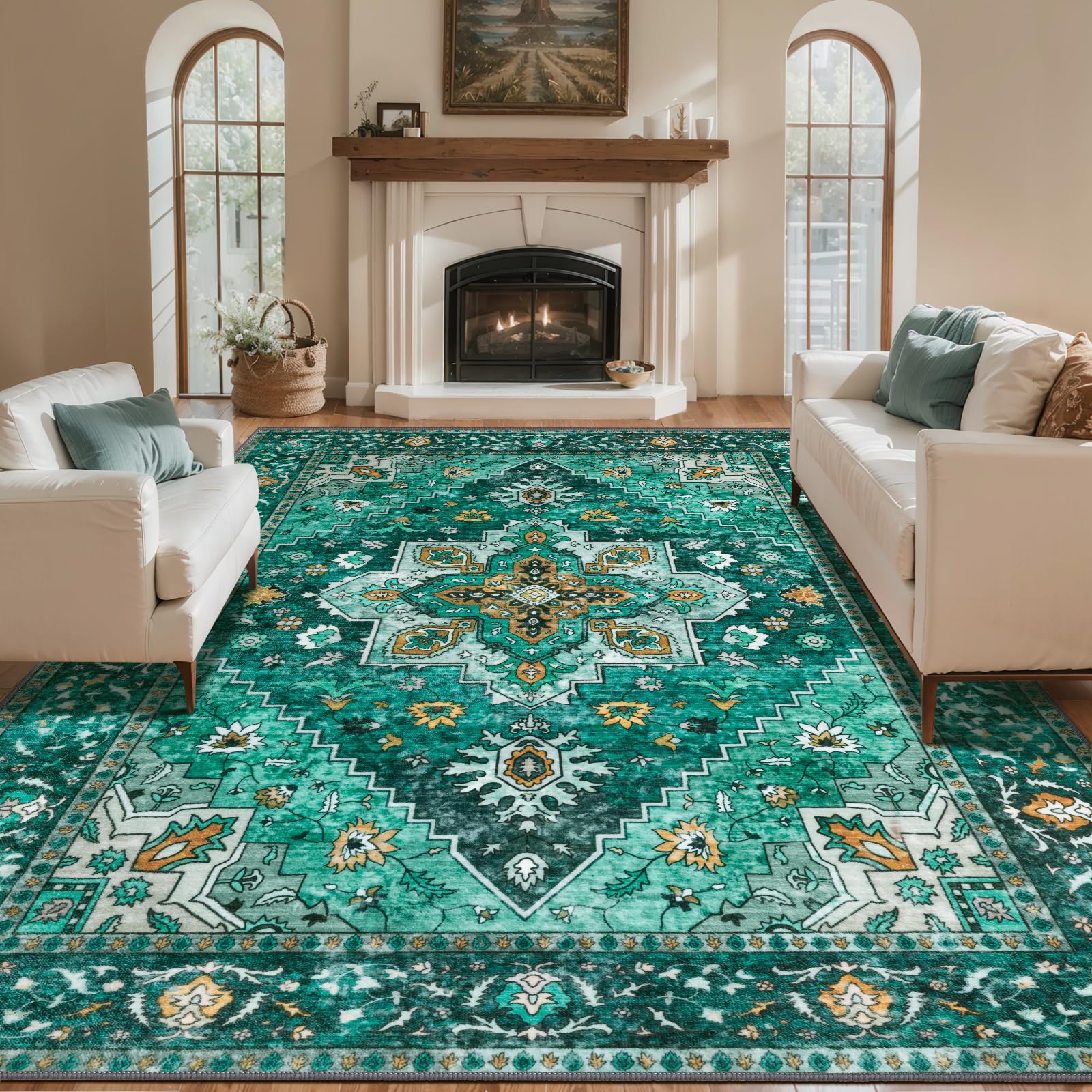 Tangsoo 8x10 Area Rug for Living Room, Washable Vintage Rug Indoor Non Slip Large, Print Distressed Emerald Carpet, Soft Low Pile Foldable Floor Rugs for Bedroom Dining Room Dorm Image