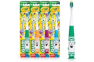 GUM Crayola Pip-Squeaks Kids' Manual Toothbrush, Extra Soft Bristle Toddler Toothbrush for Ages 3+, Suction Cup Base, 1 Count (Pack of 4)