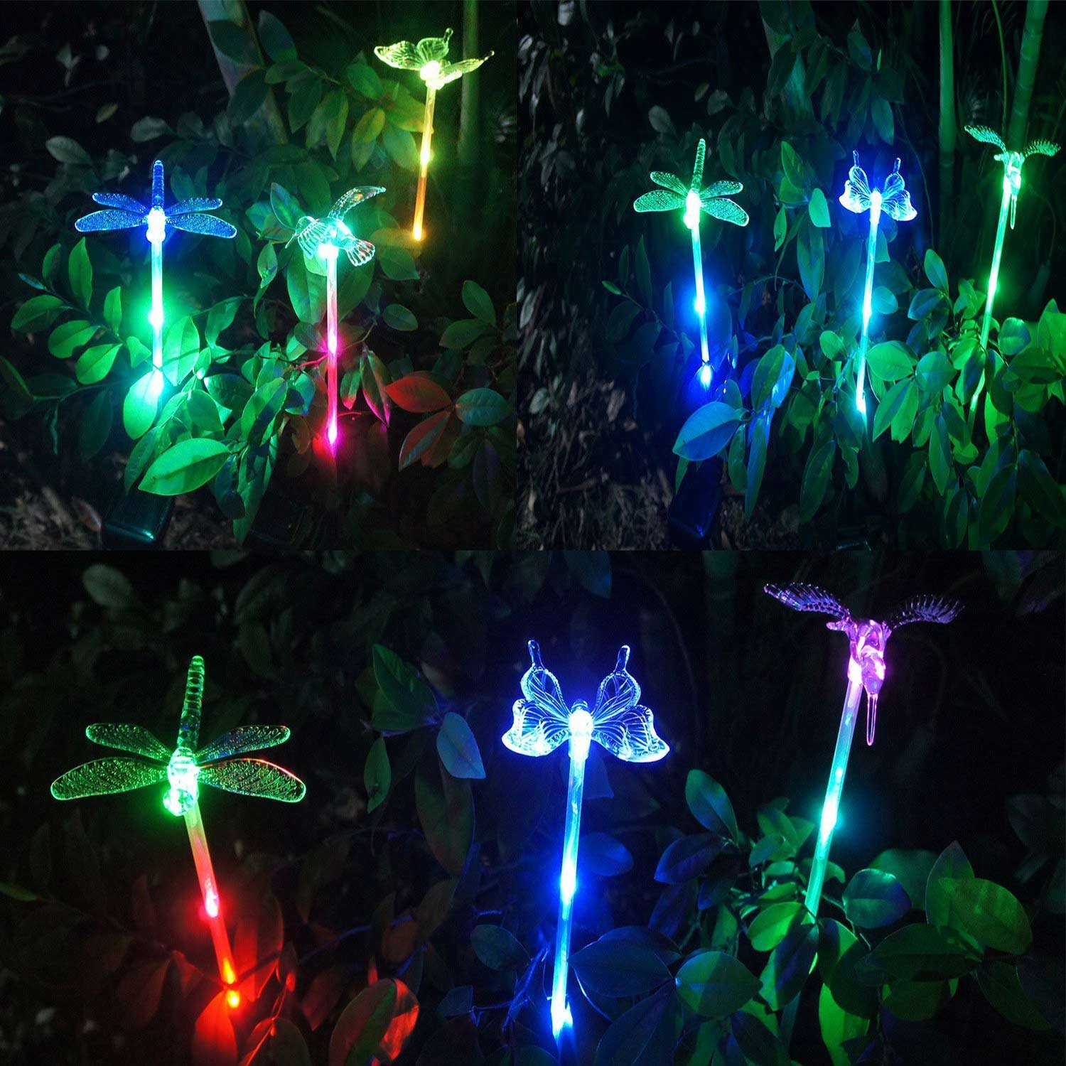 HCTro Solar Garden Lights, Crystal Upper Stake with Built in Multi Color Changing 3 LED, Hummingbird Butterfly Dragonfly, Solar Powered Lights, Outdoor Solar Lights for Patio Yard Fairy, 3 Pack