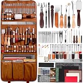 ZAMQIU Leather Working Kit, 155-Piece Leather Tooling Kit with Carving Stamping Sewing Punching Cutting, Leatherworking Tool Set for Beginners, DIY Craft Starter Set for Wallet, Belt, Bag Making