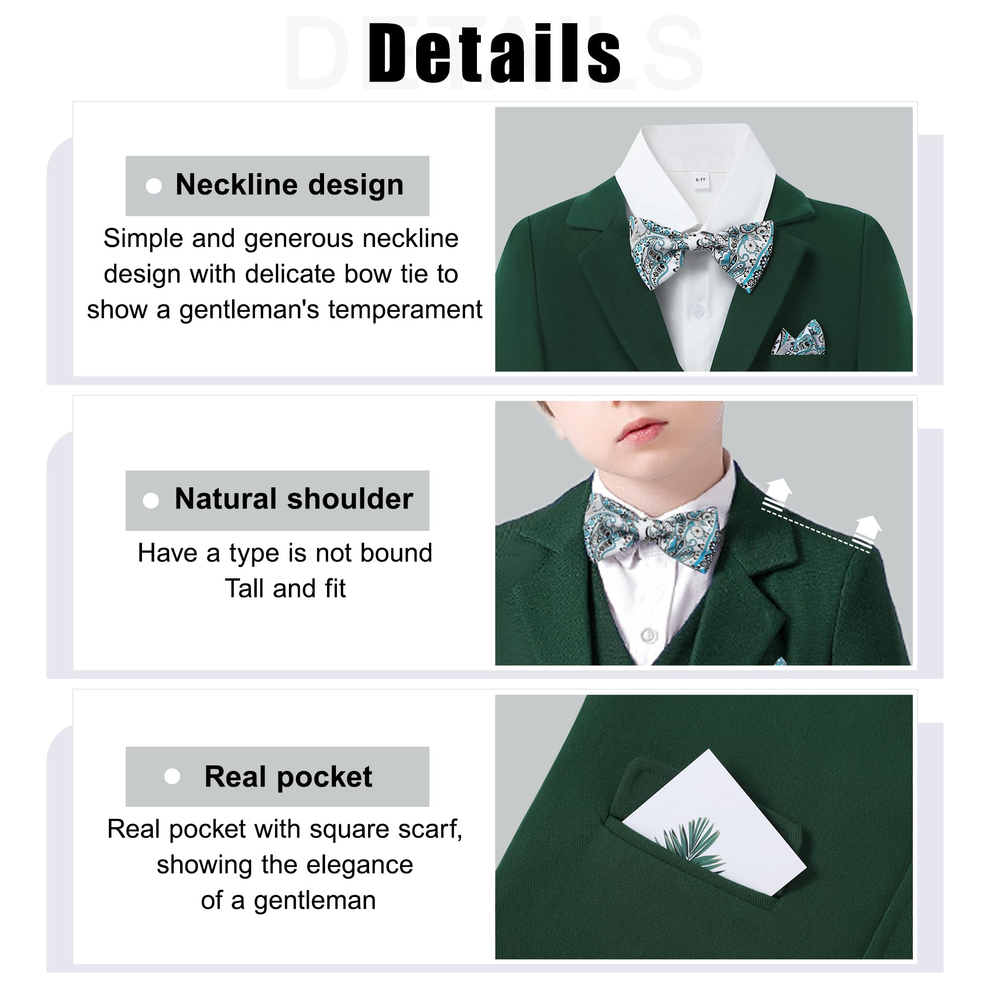 DISAUR Boy Suit 6 Pcs Boy Formal Wear Including Vest,Pants, Dress Shirt,Kerchief and Bow Tie for Formal Occasions 6-10 Years