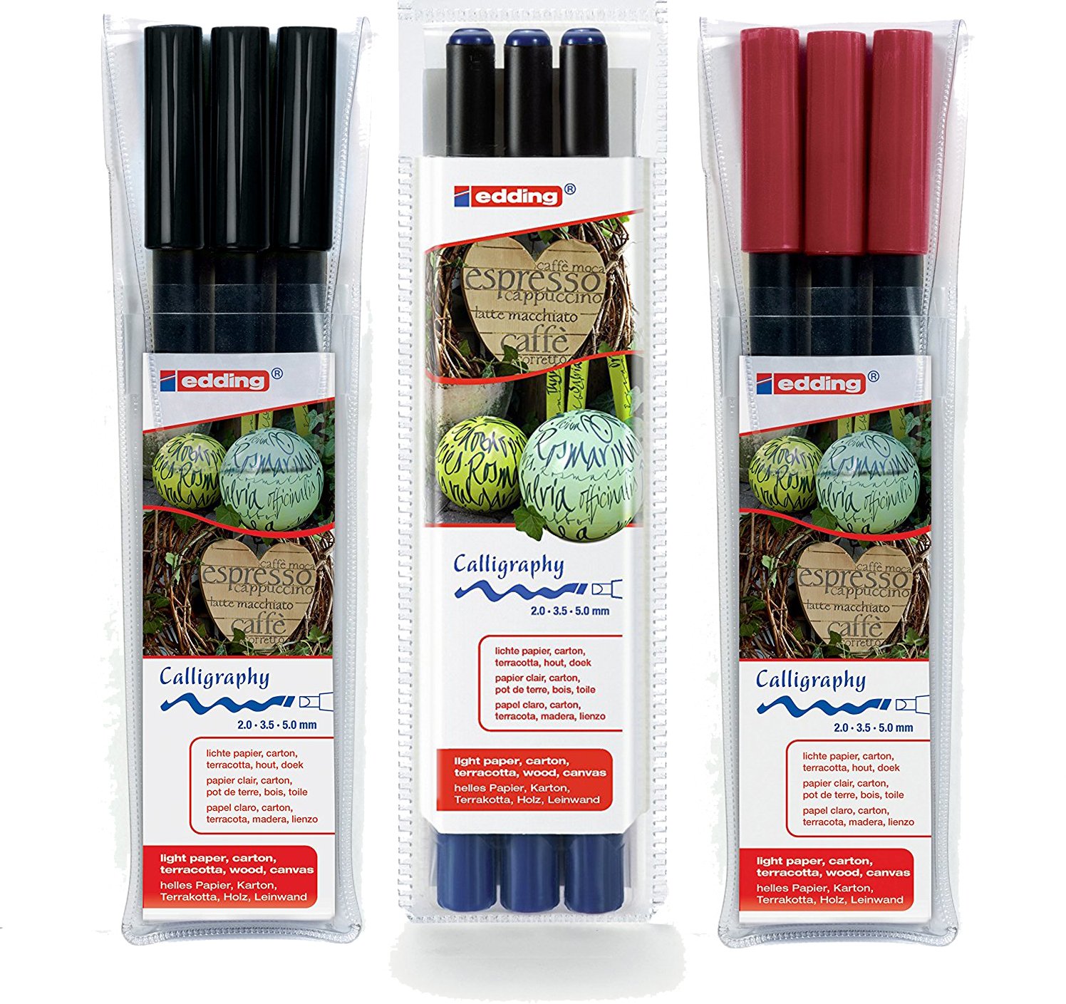 Edding 1255 Calligraphy Pen – 3x – Ideal for Calligraphy and Lettering on almost any surface – Made in Germany, 3er Etui Kalligraphiemarker, schwarz + rot + blau, 1