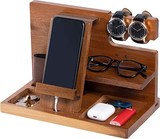 Amazon Com Wutcrft Wooden Phone Docking Station Bedside Nightstand Organizer With Watch Glasses Wallet And Accessories Holder Perfect As A Desk Organizer Birthday Gift Or Gifts For Men Kitchen Dining