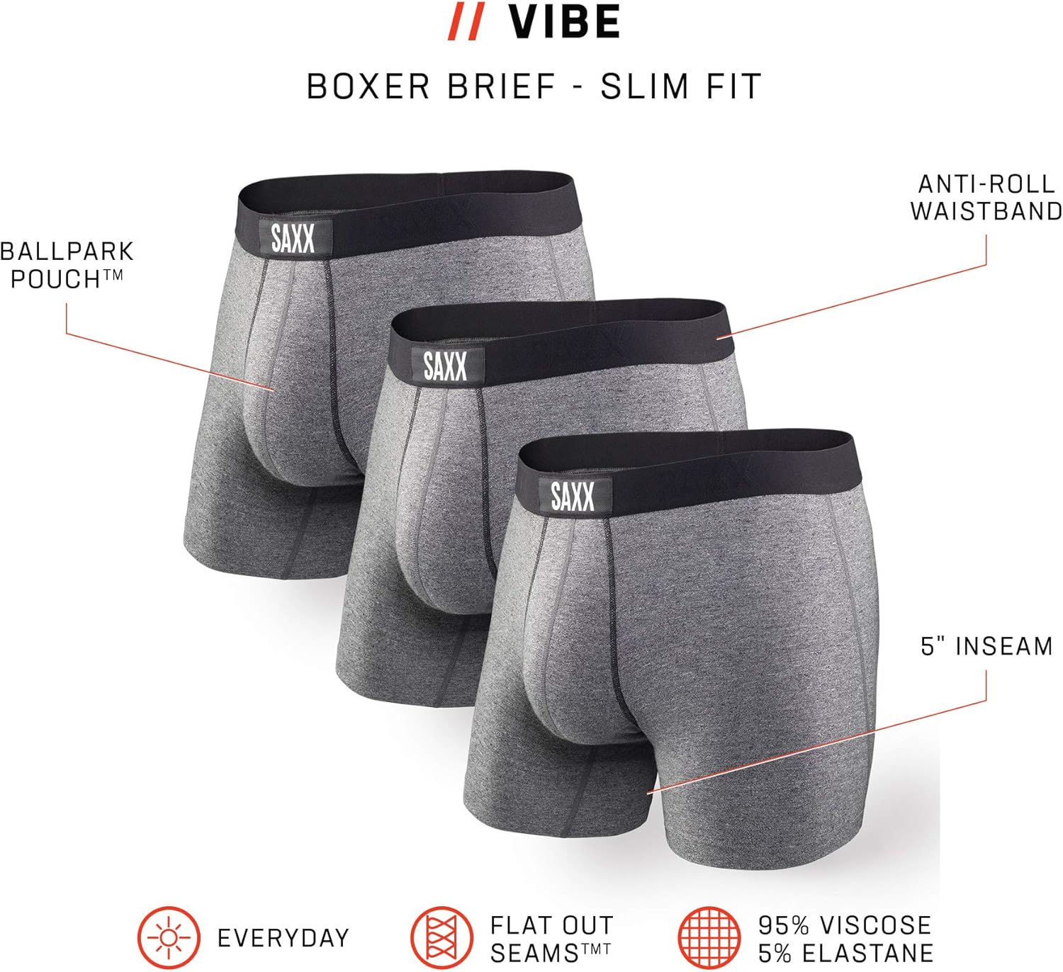 Saxx Underwear Men's Boxer Briefs – Vibe Boxer Briefs with Built-in Ballpark Pouch Support – Boxer Briefs, Pack of 3 at  Men’s Clothing store