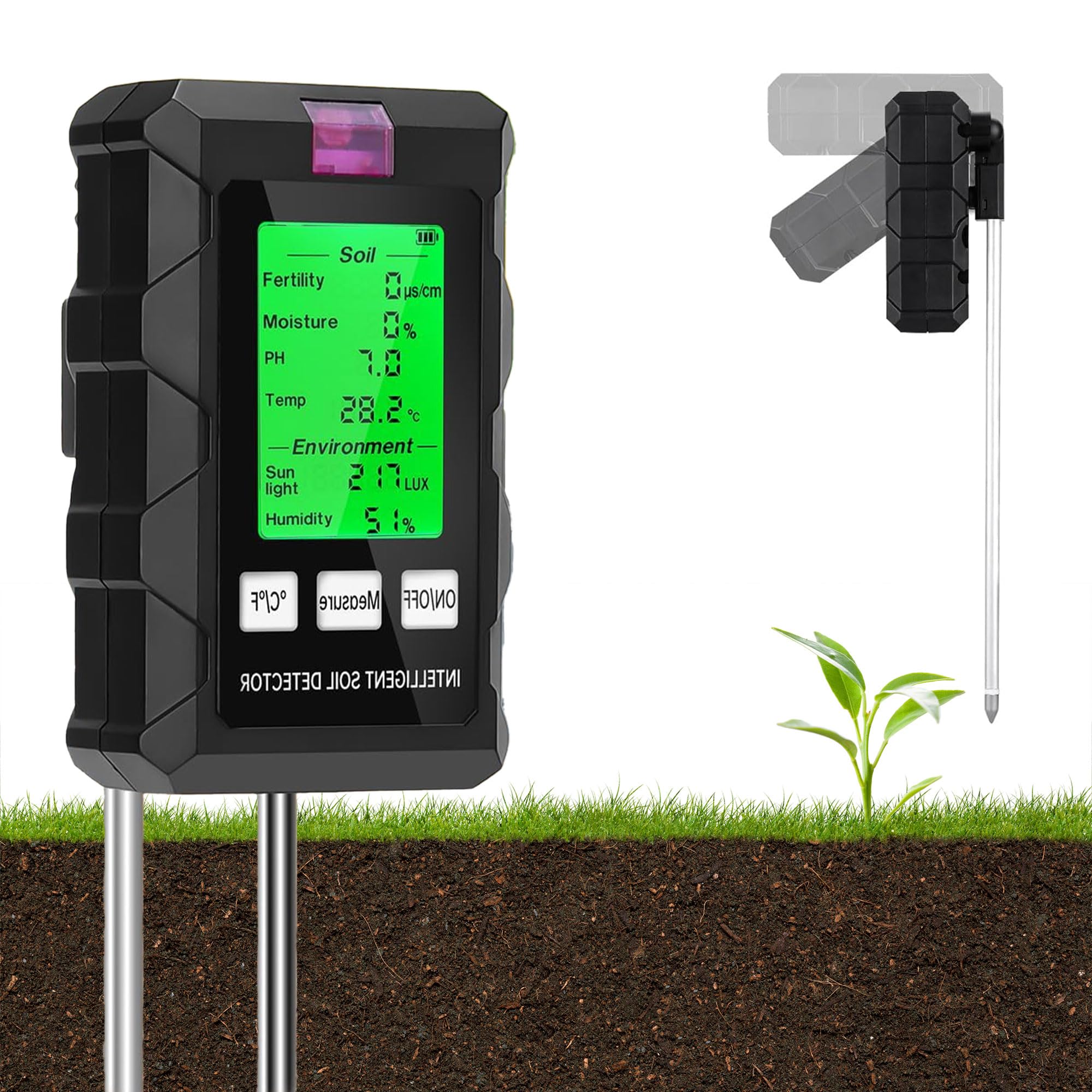 RAINLEOTI Soil Moisture Ph Meter,6in1 Digital Plant Moisture Tester Plant Soil Testing Kit with Soil Fertility/Humi/PH/Temp/Ambient Light/Nutr for Garden Lawn Farming House/Outdoor Plants Dual Probe