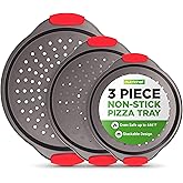NutriChef 3-Piece Pizza Tray Set with Silicone Handles - Round Nonstick Pizza Pan with Perforated Holes, Durable Carbon Steel, Small, Medium, Large Sizes - Ideal for Crispy, Evenly Baked Pizzas (Gray)