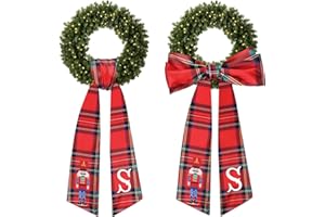 YOIRRAT 2Pcs Christmas Plaid Nutcracker Monogram Satin Wreath Sash for Door, Wall & Yard Decor