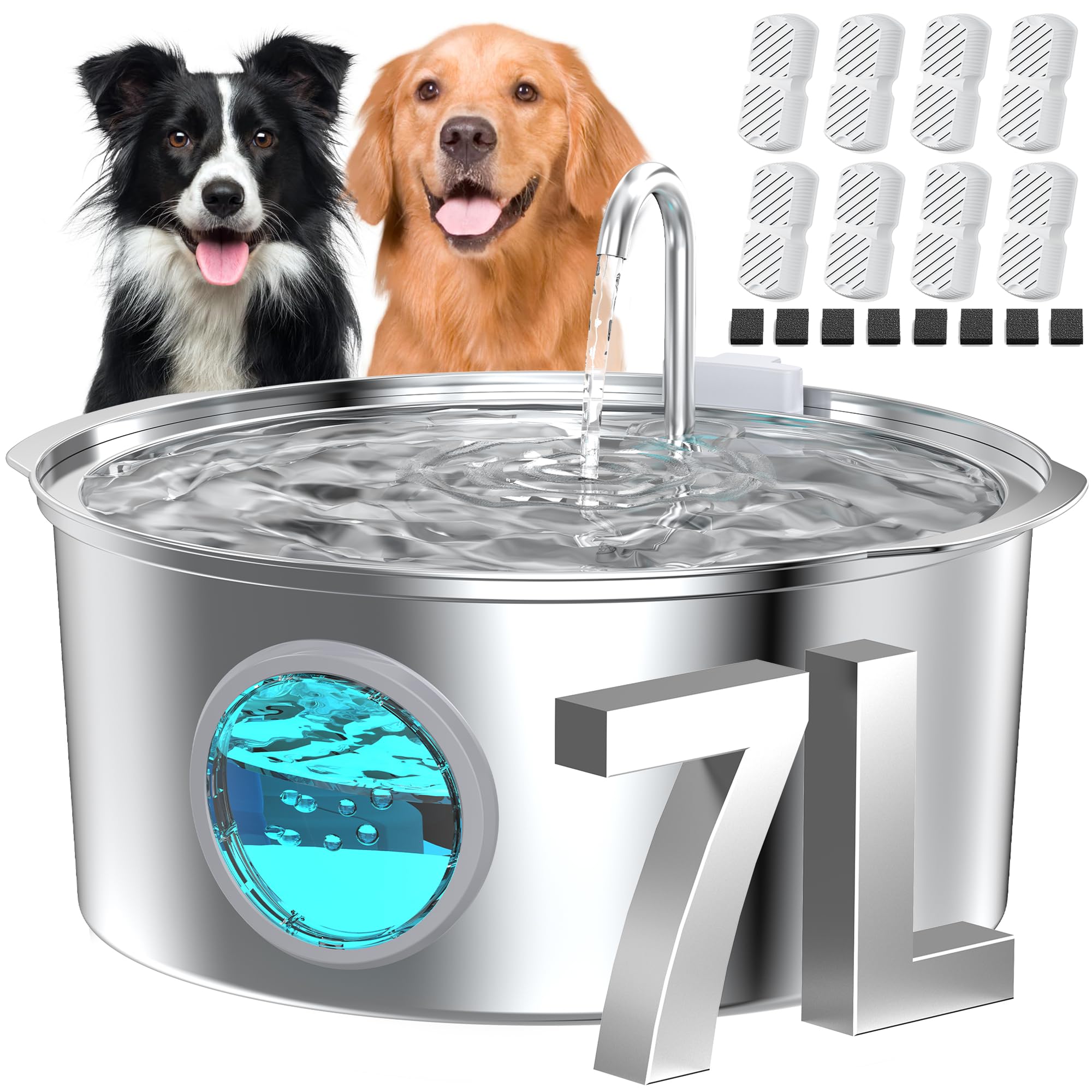 Photo 1 of Dog Water Fountain for Large Dogs: Big Cat Water Fountain Stainless Steel -1.8Gal/7L Big Quiet Cats Water Bowl Dispenser- Pet Water Fountains for Dogs - 8 Filters + 8 Sponge Filters - GROOKPET