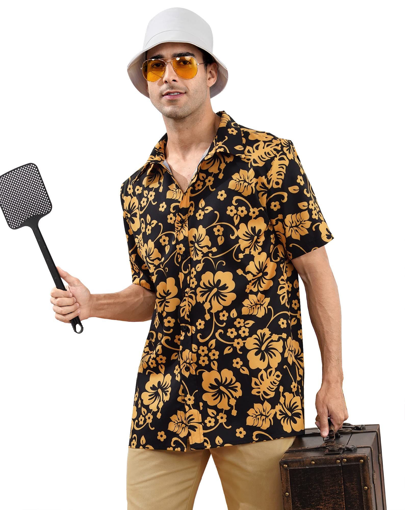 Photo 1 of Arvilhill Adult Halloween Costume for Men Vegas Outfits Collared Floral Button Up Raoul Duke Hawaiian Shirt XL