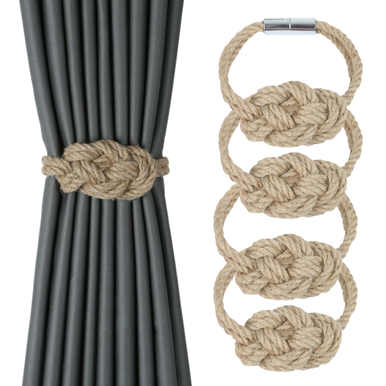 Photo 1 of HedongHexi 4 Pack Natural Jute Magnetic Curtain Tiebacks, Boho Rustic Style Decorative Curtain Ties Backs for Home & Office Drapery