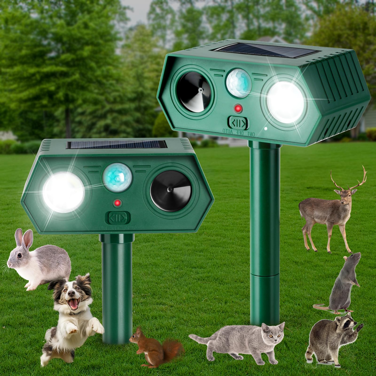 Photo 1 of 2Pack Ultrasonic Animal Repellent Outdoor Deer Repellent Devices Solar Animal Repeller Motion Activated Deterrent to Scare Cat Squirrel Rabbit Raccoon Skunk with LED Flash Lights Yard Lawn 33