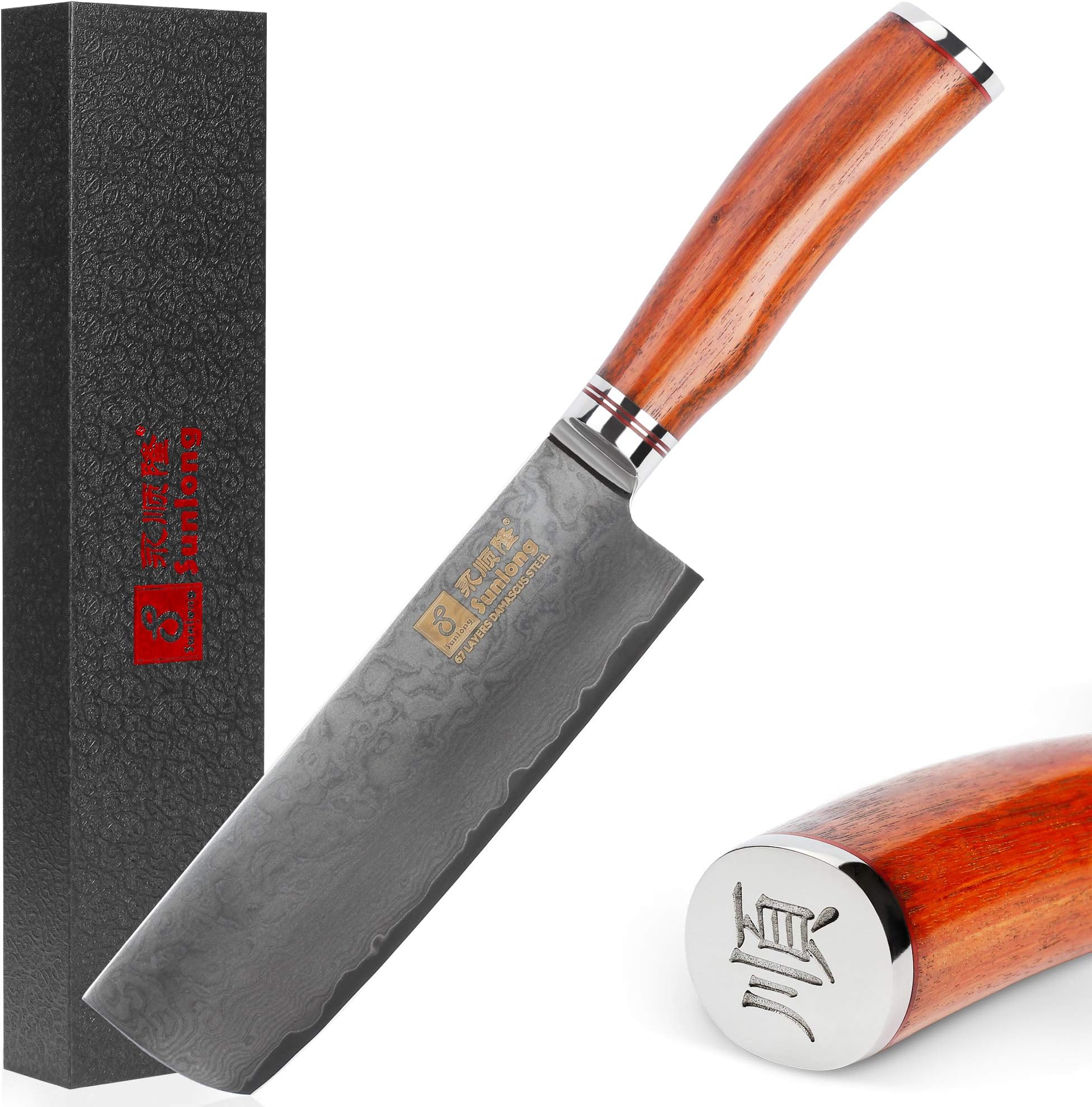 Sunlong Usuba Knives 6.5 inch Nakiri Knives Japanese VG10 Damascus Steel Natural Rose Wooden Handle