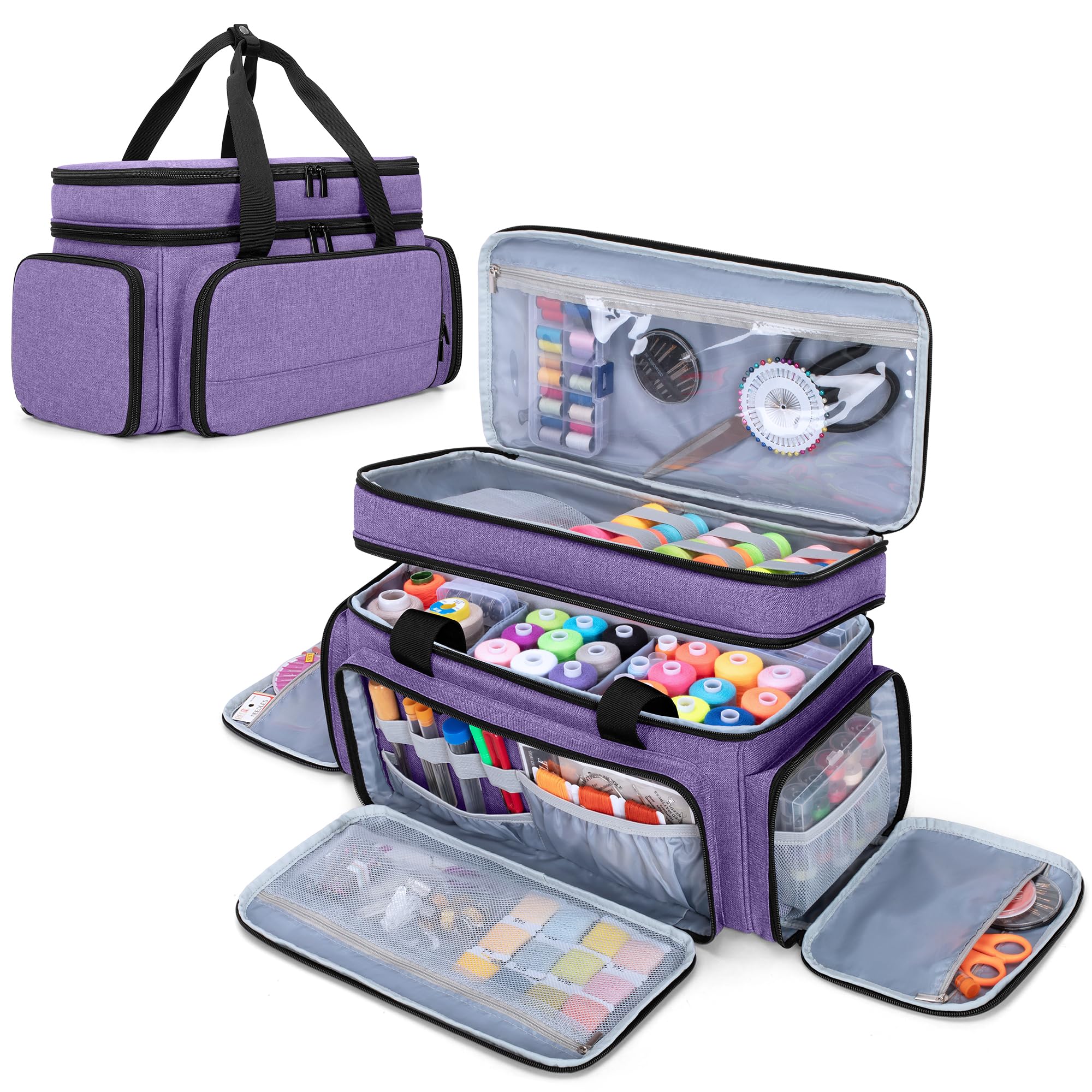 Luxja Large 2 Layers Sewing Organiser Bag with 5 Detachable Dividers, Sewing Storage Bag for Sewing Supplies, Purple