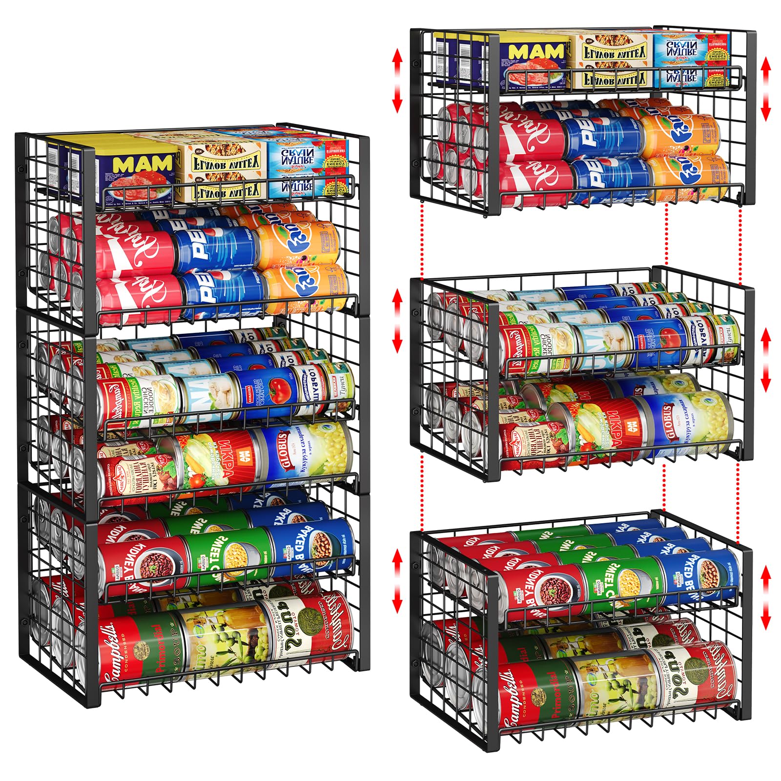 Photo 1 of 3-Pack Stackable Can Rack Organizer for Pantry, Adjustable Can Holder for Various Ounce of Cans up to 90, Rolling Can Dispenser for Canned Food Soup Goods Storage in Kitchen Cabniet, 2 Tier, Black