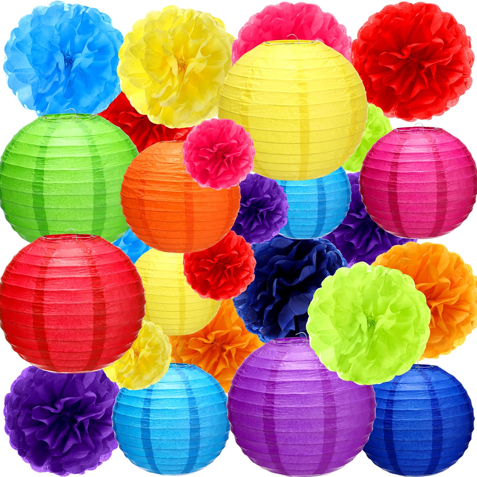 Photo 1 of 52 Pcs Mexican Fiesta Party Decorations 24 Fiesta Colorful Tissue Paper Pom Poms 28 Hanging Paper Lanterns for Cinco de Mayo Graduation Wedding, Birthday Baby Shower