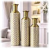 Leewadee Gold Tall Floor Vase, Set of 3 Decorative 26/21/16″ Large Vases from Metal for Home Decor Living Room, Style with Pampas Grass for Modern, Vintage, Rustic or Farmhouse Room Decor