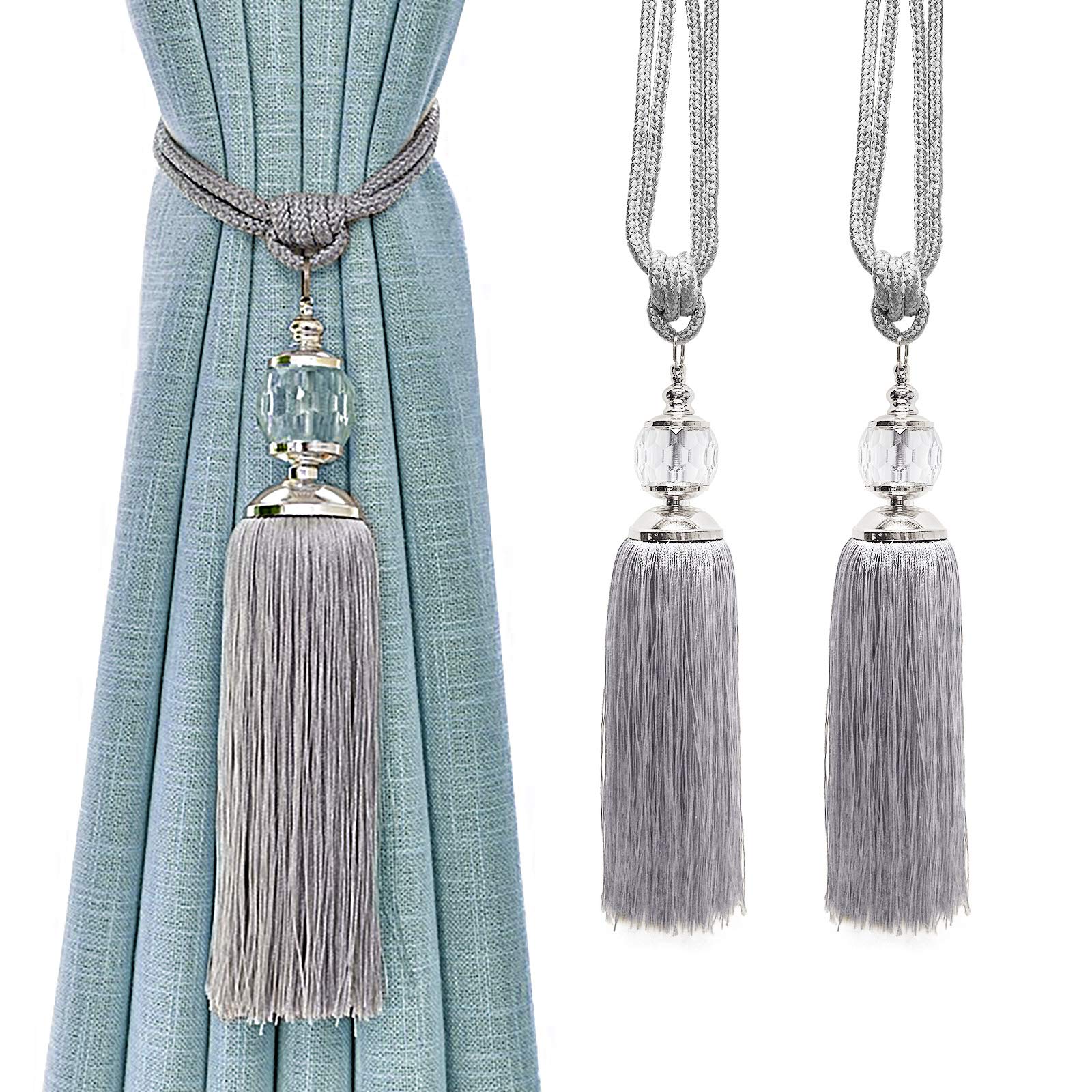 Photo 1 of Curtain Tiebacks Rope Tassel TieBacks Curtain Holdbacks Silver for Drapes Decorative Drapery Crystal Holdback Tie Backs Handmade Curtain Holder 2 Pack