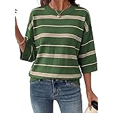 Dokotoo Womens Sweaters Spring Summer Oversized 3/4 Sleeve Striped Crewneck Casual Lightweight Knit Pullover Sweater Tops