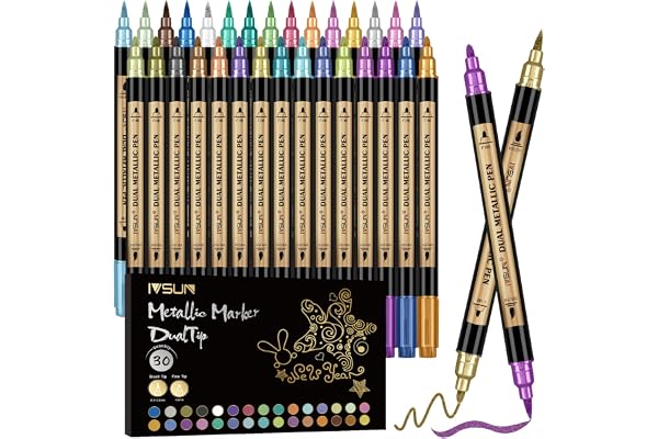 Metallic Marker Pens, 30 Colors Dual Tip Acrylic Paint Pens for Black Paper, Scrapbooking, Photo Album, Rock Painting, Paint