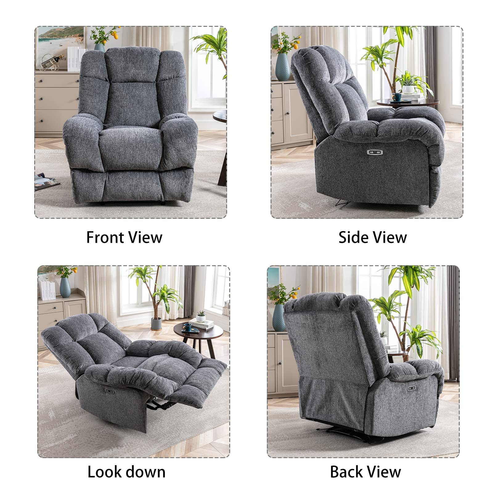 INZOY Electric Power Recliner Chair with USB Charge Port, Electric Reclining Recliner with Upholstered Seat, Overstuffed Single Sofa for Living Room Bedroom, Dark Grey