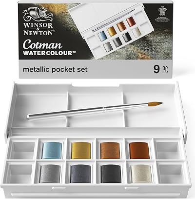 Winsor & Newton Cotman Metallic Watercolour Pocket Set 8 Half Pans + Brush