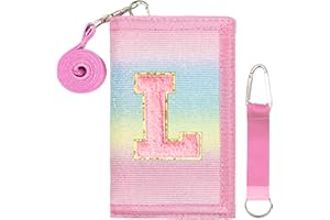 SiorVeol Girls Wallet for Kids Initial Glitter Wallets Trifold with Zipper and Card Slots Including Neck Lanyard and Hanging Strap, Rainbow with Stripes, L