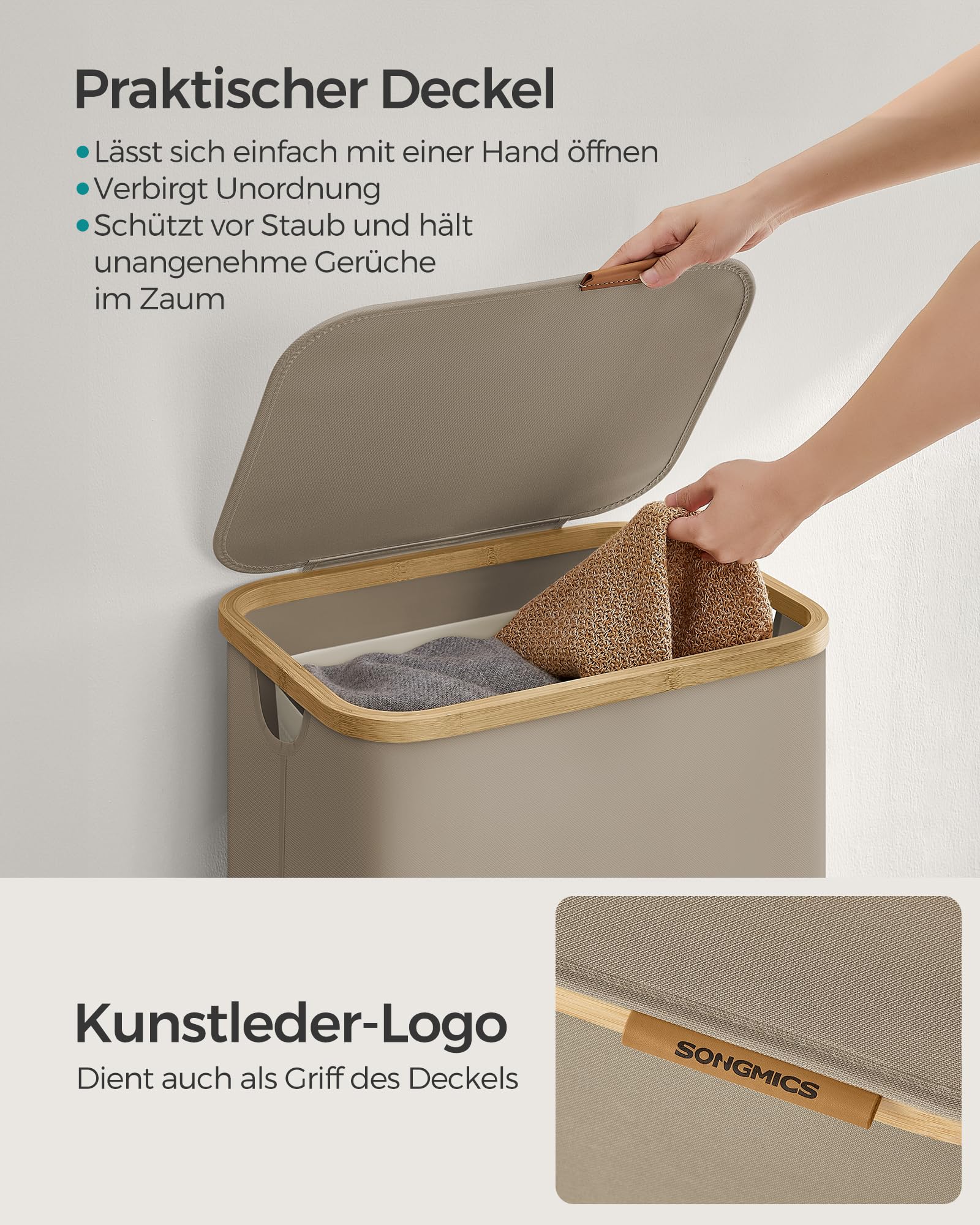 SONGMICS Wäschekorb mit Deckel, Wäschesammler 90 L, herausnehmbarer Wäschesack, Oxford-Gewebe, Griffe aus Bambus, zusammenklappbar, 42 x 32 x 70,5 cm, kamelbraun LCB509N01V1 4