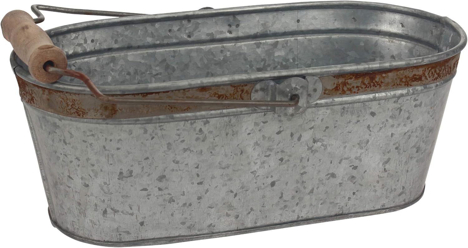 Stonebriar Small Aged Galvanized Metal Oval Bucket with Wooden Handle: Home & Kitchen