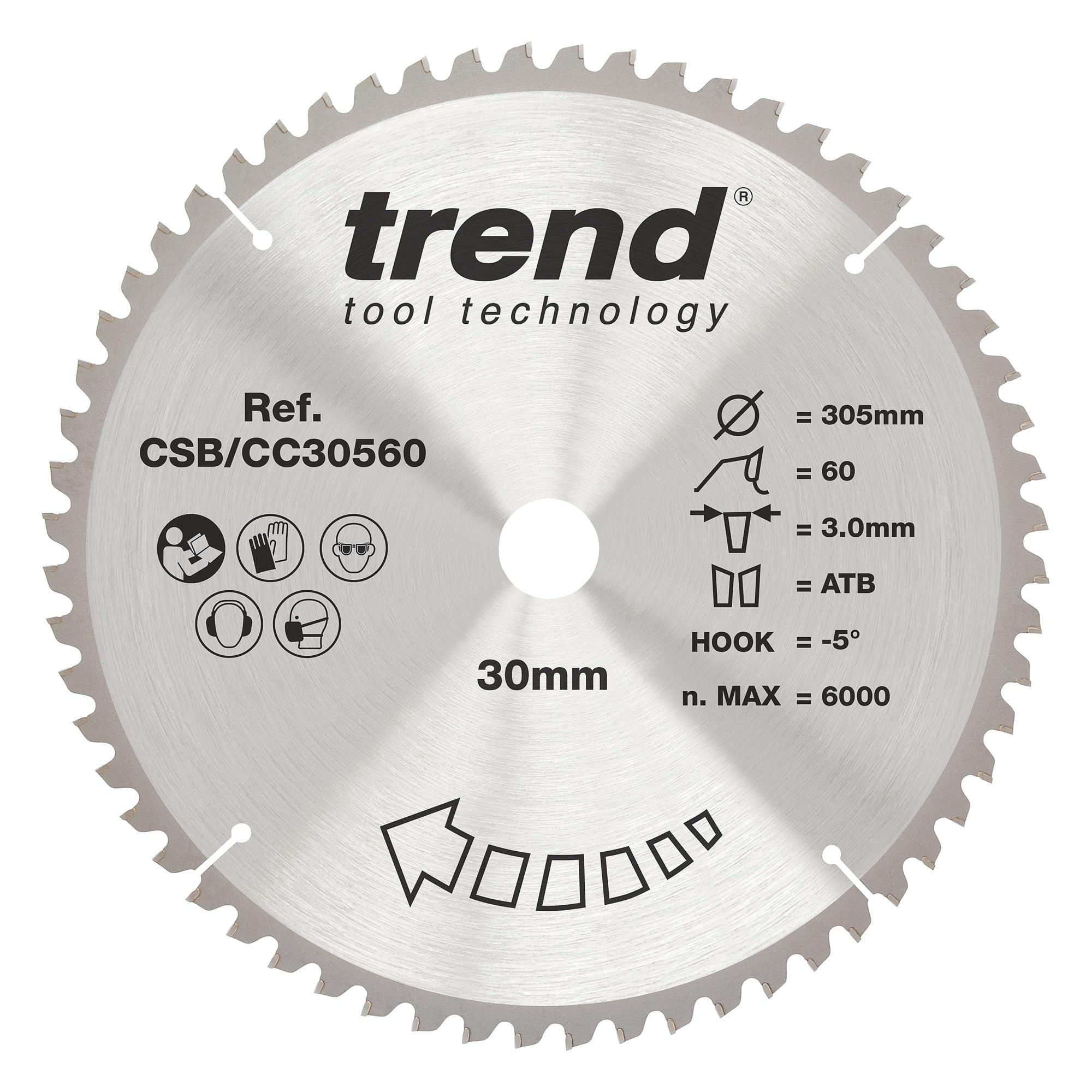 Trend Wood Mitre Saw Blade, 305mm Diameter, 30mm Bore, 60 Teeth, 3mm Kerf, -5° Hook, TCT, Fine Finish, CSB/CC30560 — image 1