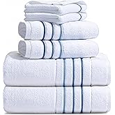 Bath Towel Set_White Towel For Bathroom, Luxury Hotel &Spa Quality, 100% Cotton .Includes 2 Large Bath Towels, 2 Hand Towels and 2 Washcloths.Super Soft, Absorbent & Decorative (White/Azure Blue)