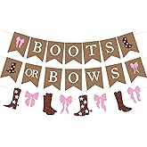 Hokinaa Boots or Bows Banner - 3 Pcs Pre-Strung Boy or Girl Gender Reveal Party Decorations, Brown Pink Western Cowboy or Cowgirl Baby Shower Supplies, He or She Ceiling Garland Decor for Boys Girls