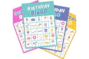 Birthday Party Games, Birthday Bingo Game, Bingo Game Decorations, Activities and Supplies for Guests (Multi-Color Pack)