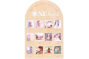 AGVGAZA Snowflake First Birthday Photo Board - Personalized 'Winter Onederland' Milestone Board for Boys & Girls, 1st Birthday Party Decor, Wooden Picture Display with 12 Months Baby Memories