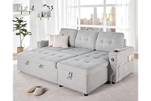 VanAcc Convertible Sofa Bed, 3 in 1 Sleeper Sofa with USB Charging Ports & Cup Holders, Pull Out Couch Bed with Storage Chaise, L-Shaped Couches for Living Room (Light Grey)