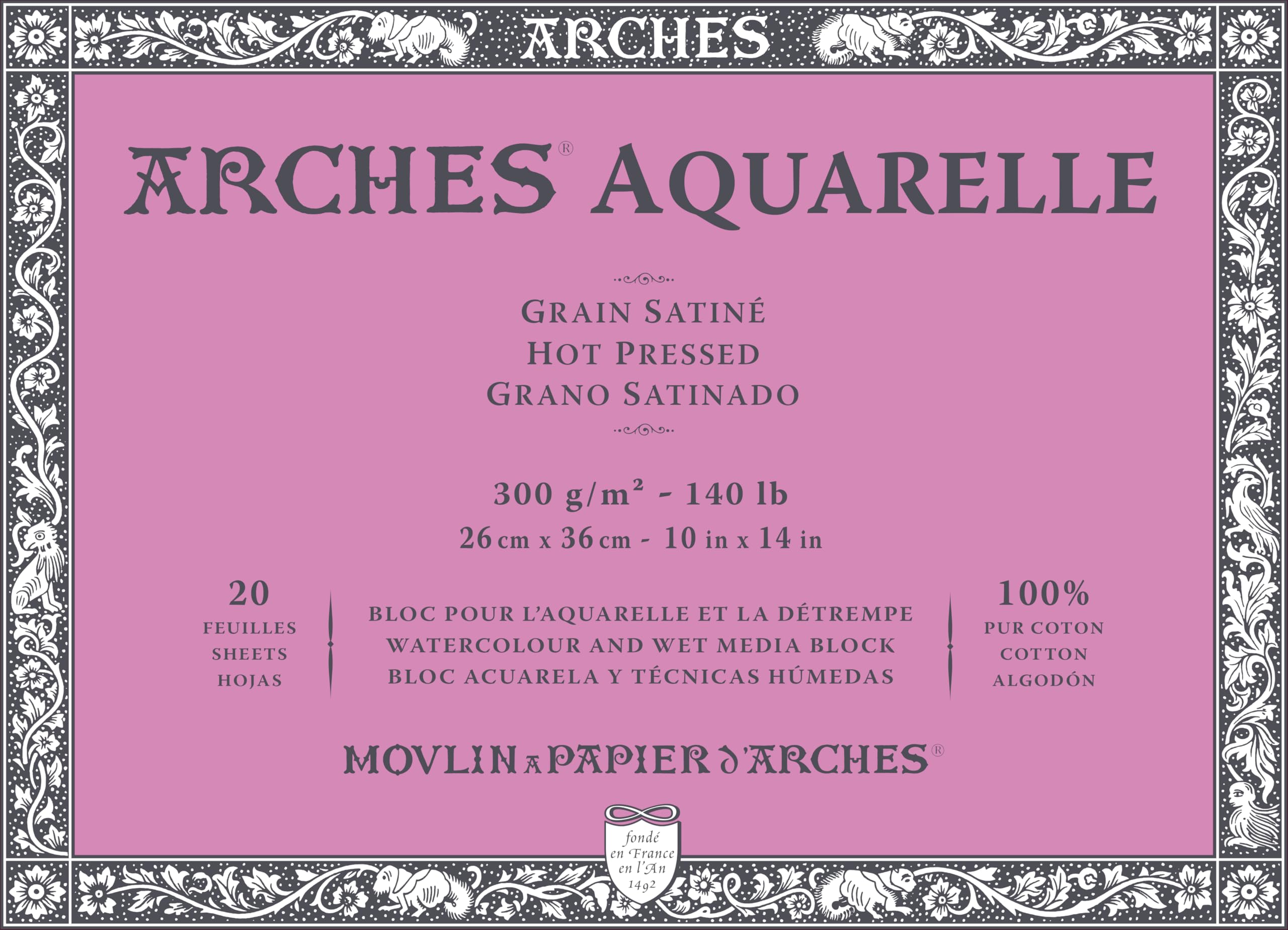 Arches Aquarelle 100% Satin 300g Pad Glued 4L 26x36 20 Sheets Natural White