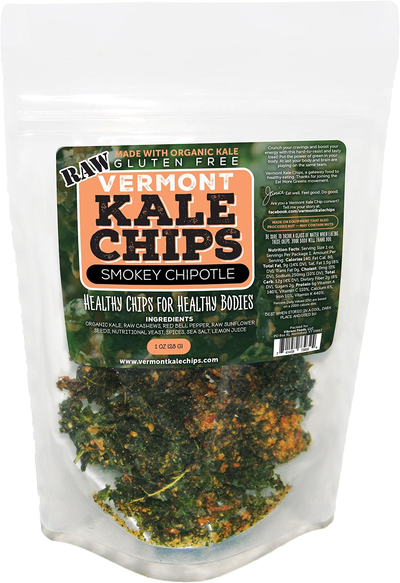 Vermont Kale Chips - 1oz Smokey Chipotle, Raw, Gluten Free, Snack