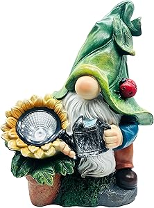 Garden Gnome Statue - Resin Gnome Figurine Watering Sunflower with Solar Light, Outdoor Gnome Fairy Ornament for Garden/ Patio/ Yard/ Lawn Decorations, 12 Inches