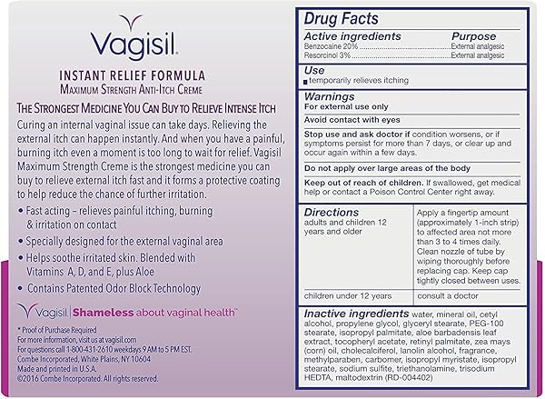 VAGISIL MAXIMUM STRENGTH FEMININE ANTI-ITCH CREAM WITH BENZOCAINE FOR WOMEN, HELPS RELIEVE YEAST INFECTION IRRITATION, GYNECOLOGIST TESTED, FAST-ACTING, SOOTHES AND COOLS SKIN, 1 OZ