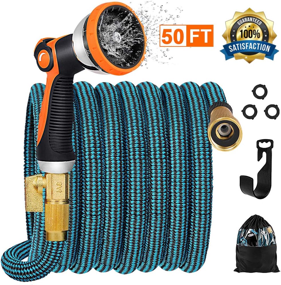JOOIKOS Expandable Garden Hose 50ft - Flexible Water Hose with 10 Functions Spray Nozzle and Durable Triple Latex Core with 3/4" Solid Brass Fittings/Strength Stretch 3750D Fabric for Watering/Washing : Garden & Outdoor