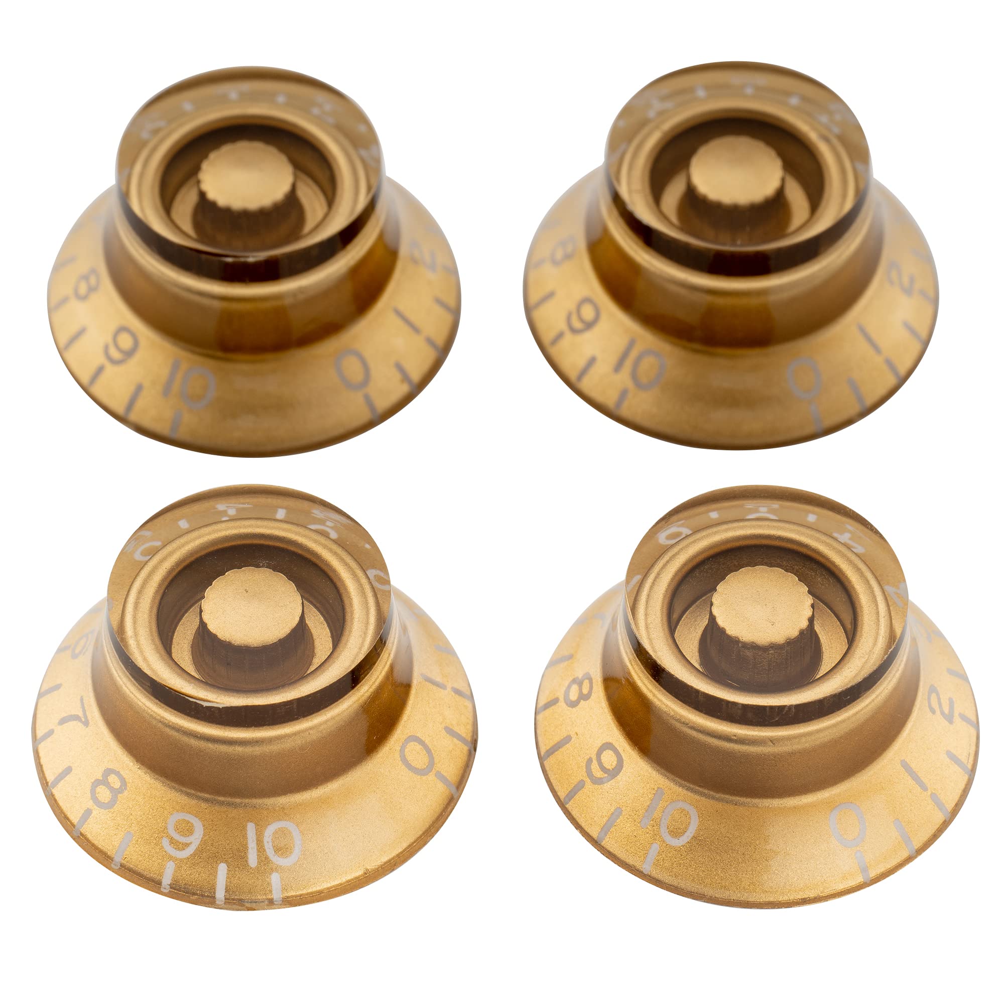 Musiclily Pro Metric Size 18 Splines Bell Top Hat Control Knobs for Asia Import Guitar Bass Split Shaft Pots, Gold (Set of 4)