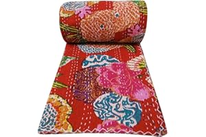 Sophia-Art Twin/King Indian Fruit Reversible Bedspread Pattern Gudri Pure Cotton Kantha Style Quilt Floral Fruit Print Decorative Kantha Stitch Quilt (Red, King 90 * 108 Inches)