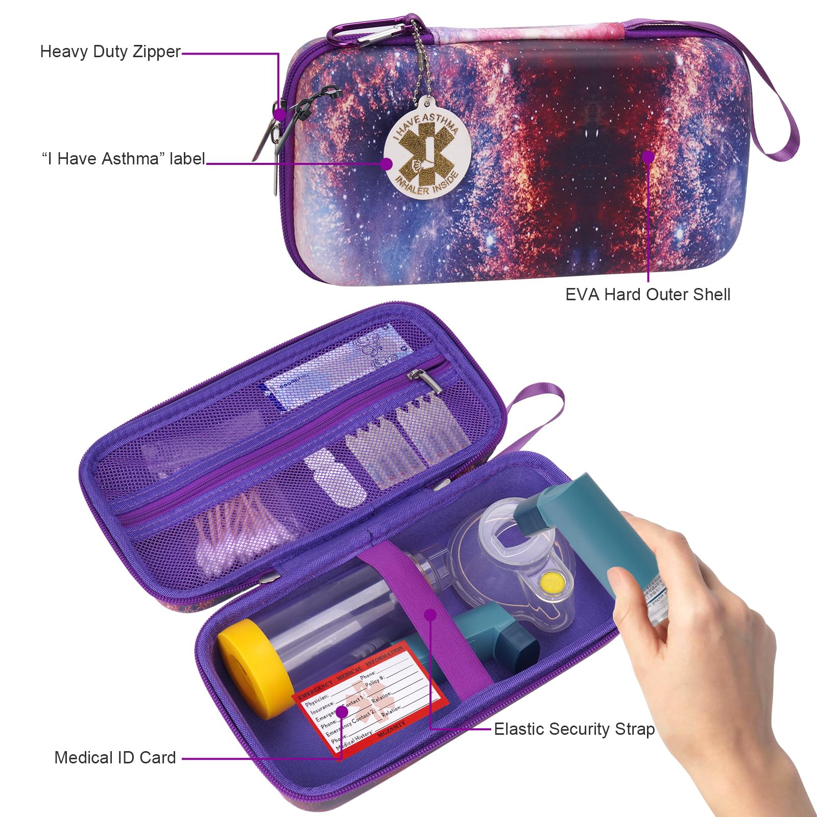 MGZNMTY Travel Carrying Case Compatible with Asthma Inhaler Spacer for Adults and Children, Masks, Inhaler Holder with Asthma Alert Tag and Medical Card, Carabiner (Only Case) (Galaxy)