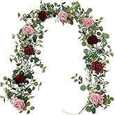 Anna's Whimsy 5.91FT Artificial Eucalyptus Garland with Flowers, Fake Rose Gypsophila, Faux Floral Garland Greenery for Wedding Spring Party Art Table Runner Decor (Pink, 1)